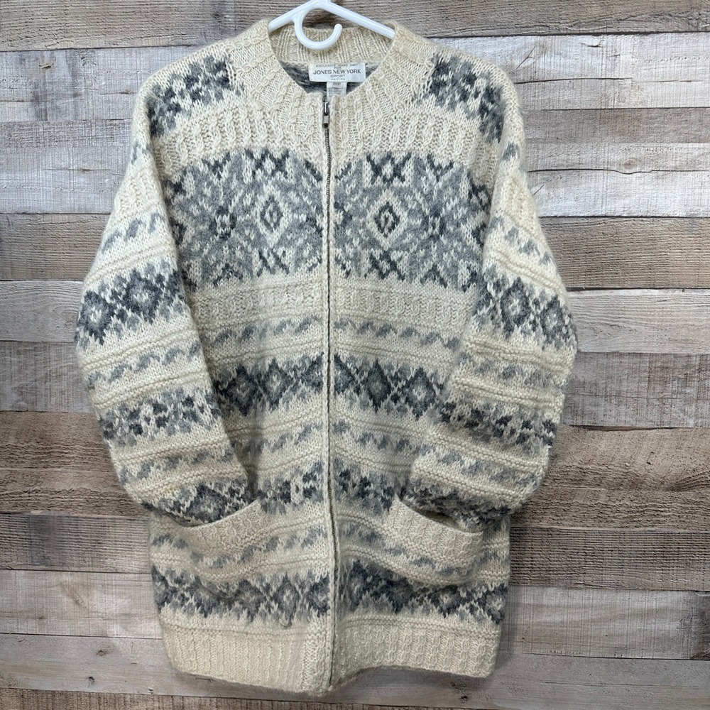 JONES NEW YORK SPORT Petite Fair Isle Wool Blend Zip Cardigan Sweater Ivory Grey